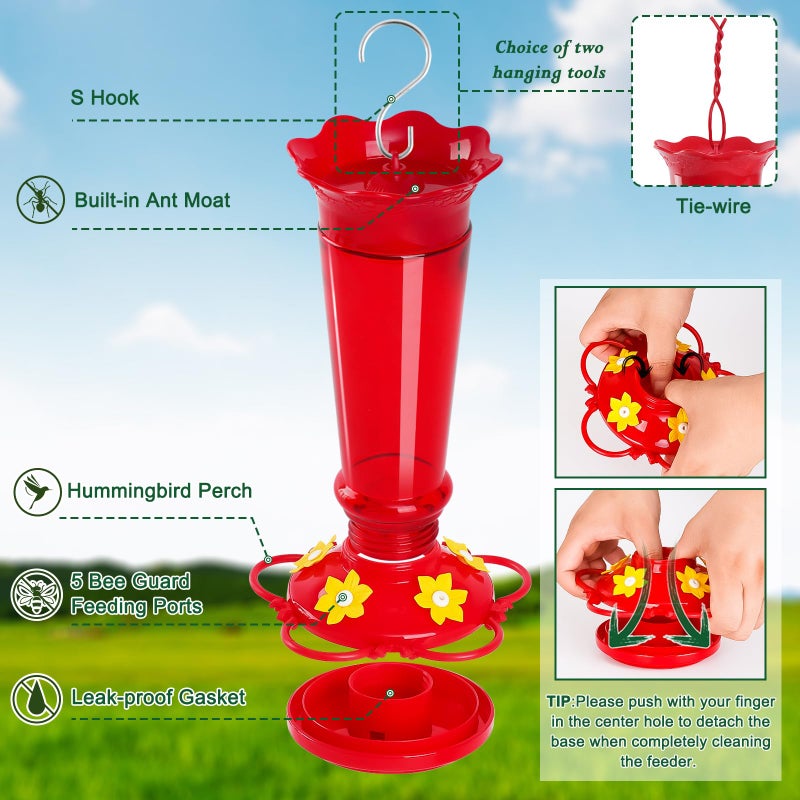 Gbekery Glass Hummingbird Feeders for Outdoors Hanging Ant and Bee Proof Red 10 OZ 2 Pack Bird Feeders for Outside Hanging 5 Feeding Stations Bird Nectar Feeder for Garden Yard D?cor Gifts for Mom - Image 4